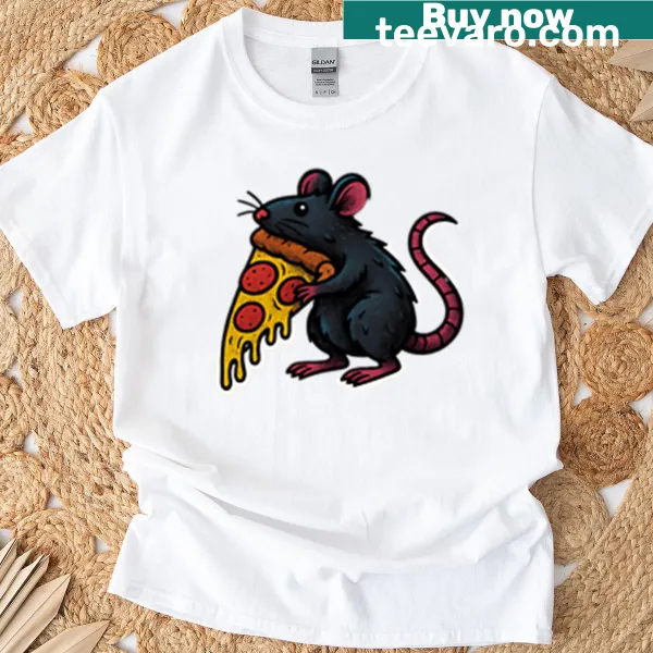 Whimsical illustration of a rat holding a slice of pizza on a T-shirt