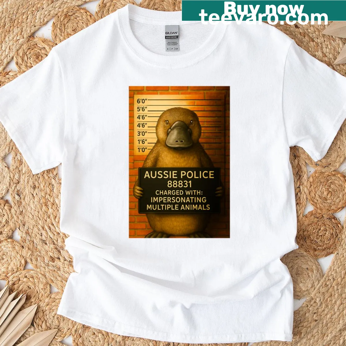 Cartoon platypus mugshot graphic on a T-shirt — on a men's t-shirt