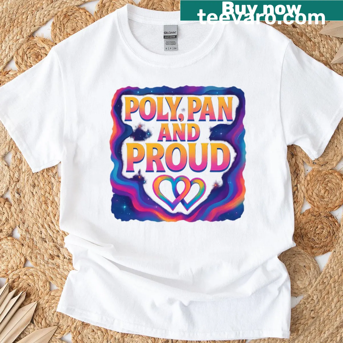 Cosmic pride art graphic T-shirt celebrating polyamory and pansexuality — on a men's t-shirt