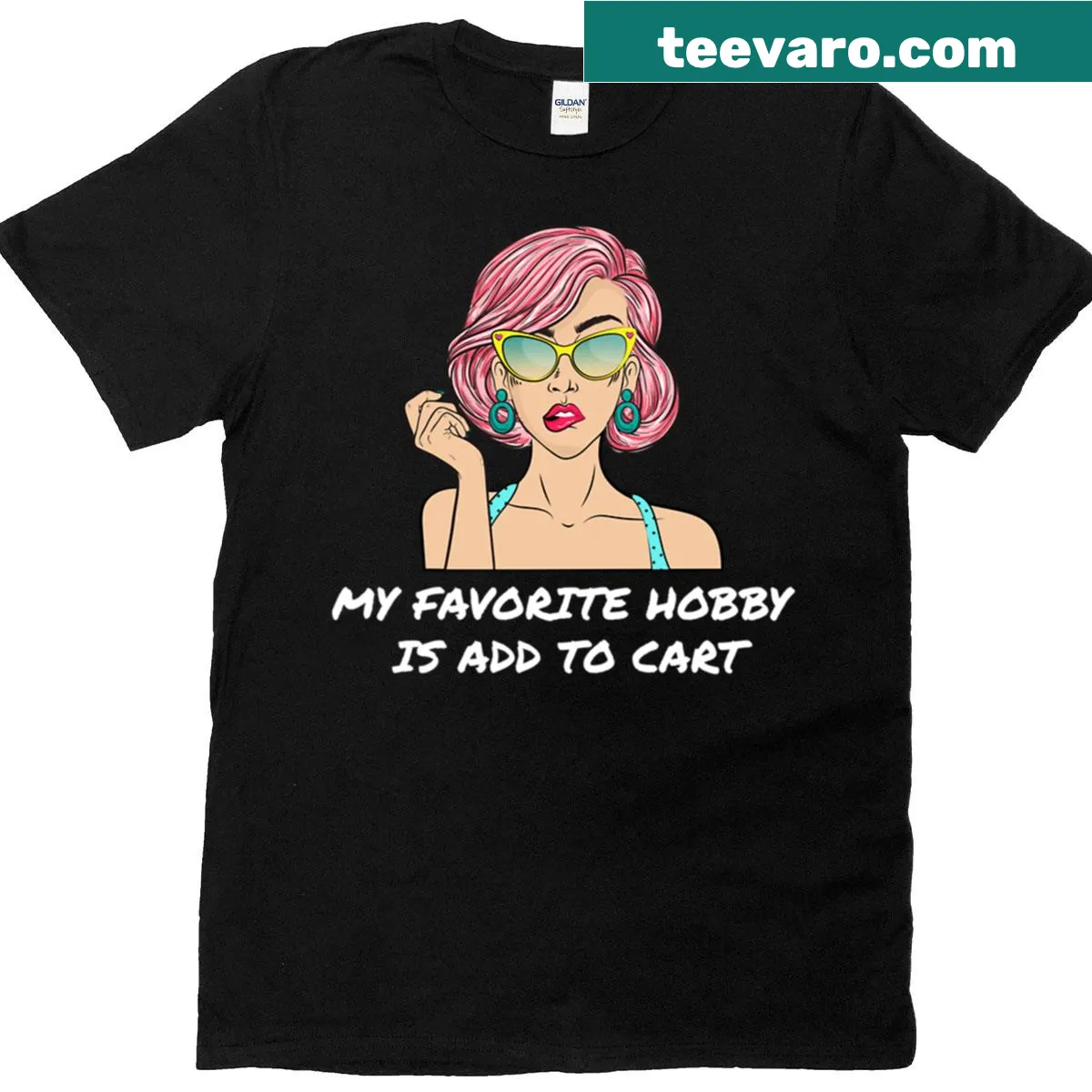 Pop art style t-shirt featuring a girl with the text 'Add To Cart' — on a men's t-shirt
