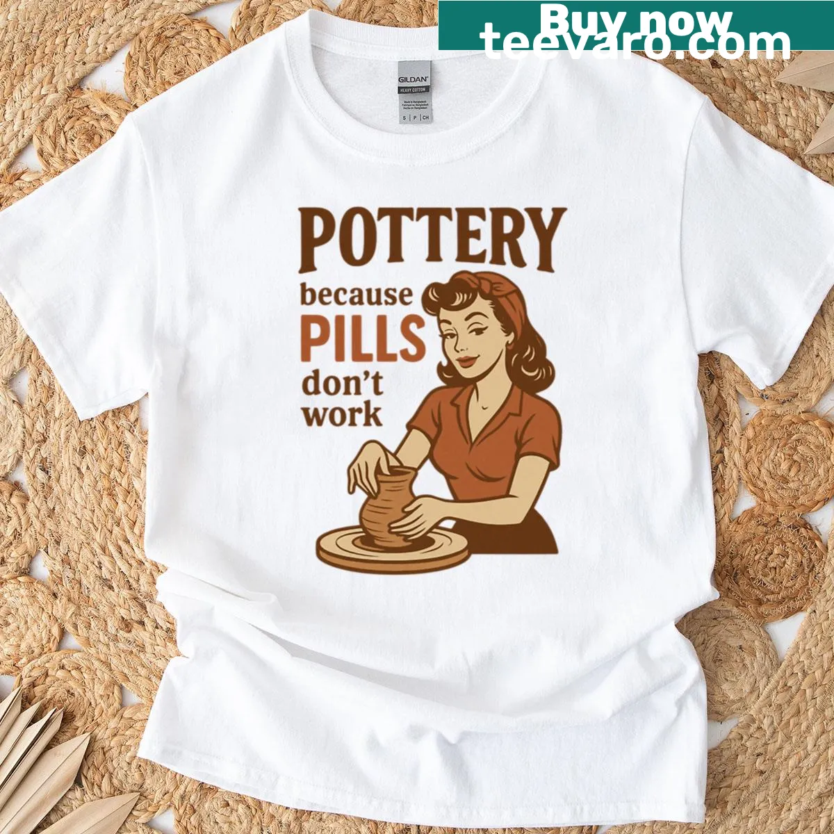 60s style vintage humorous pottery t-shirt — on a men's t-shirt