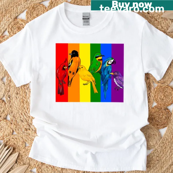 Oversized shirt featuring pride-themed birds in an illustration
