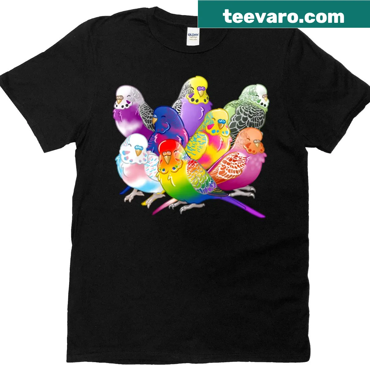 T-shirt featuring a group of colorful budgies celebrating pride — on a men's t-shirt