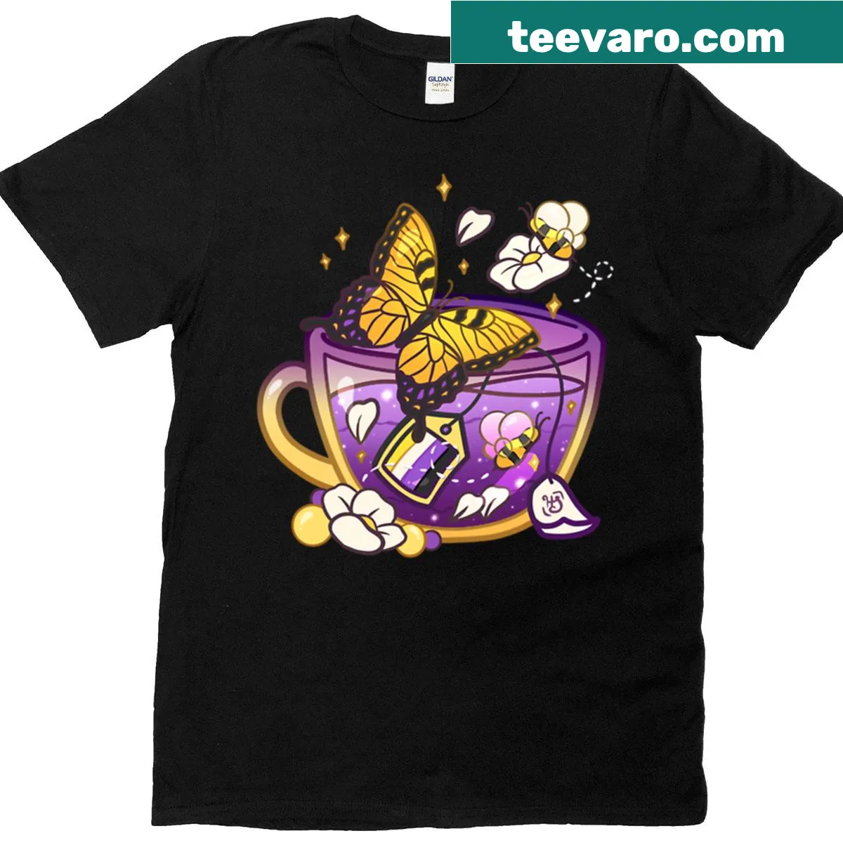 T-shirt with a teacup and butterfly design featuring a pride flag — on a men's t-shirt