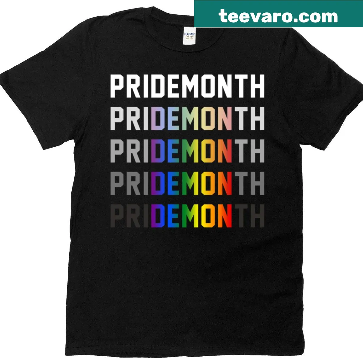 T-shirt featuring a rainbow gradient demon graphic — on a men's t-shirt