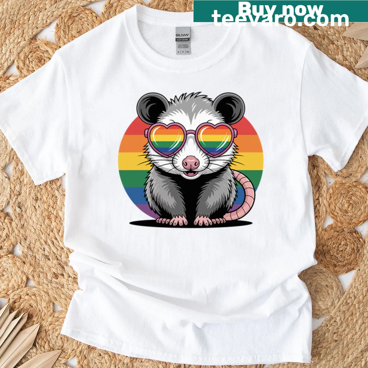 Oversized t-shirt featuring a cute possum in pride colors — on a men's t-shirt