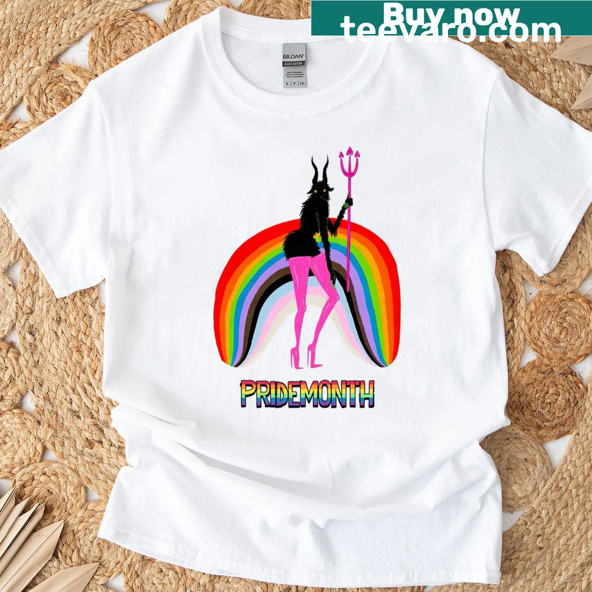 Illustrated demon with a rainbow background for Pride Month. — on a men's t-shirt
