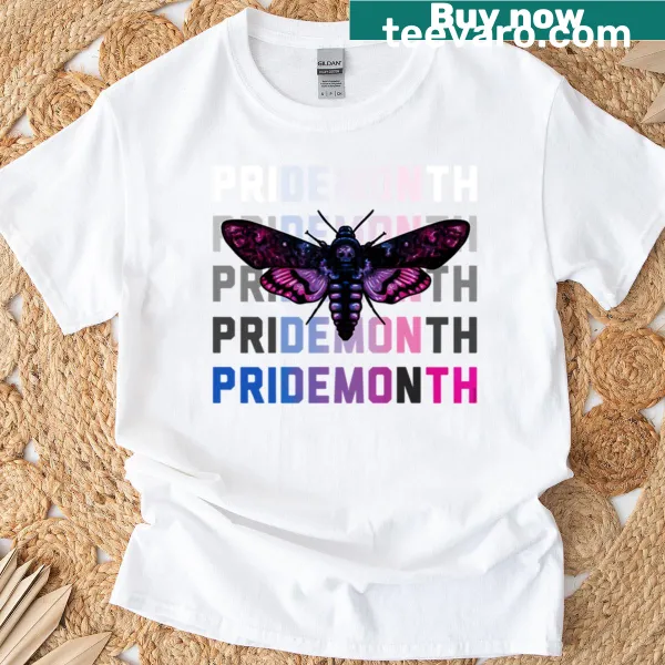 Illustrated pridemoth design on a bi pride t-shirt.