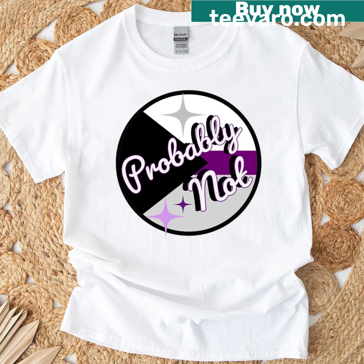 Playful typography t-shirt with 'Probably Not' for demisexual pride — on a men's t-shirt