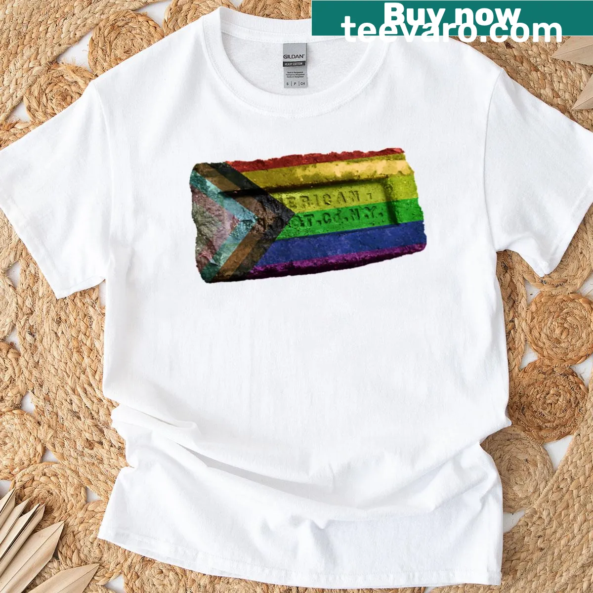 Brick design in Progress Pride flag colors on a t-shirt. — on a men's t-shirt