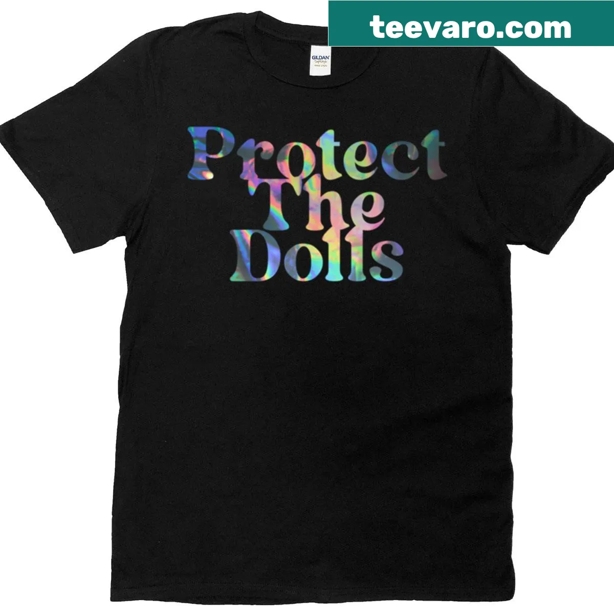T-shirt with holographic 'Protect The Dolls' text — on a men's t-shirt