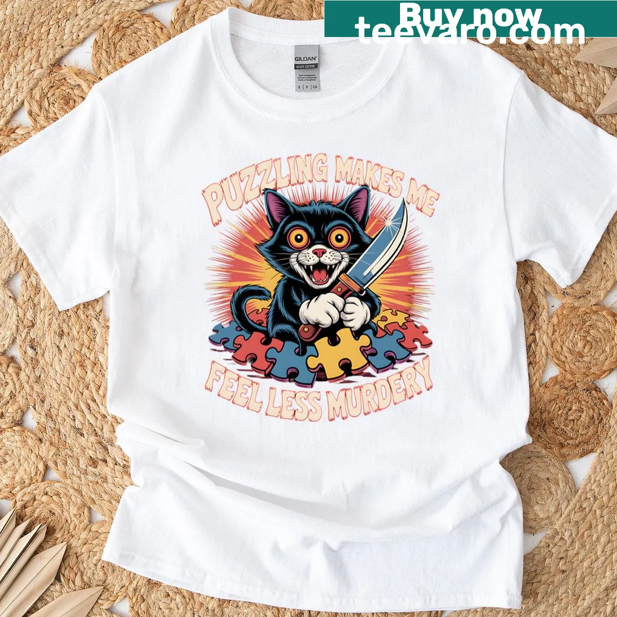 Funny T-shirt with the phrase 'Puzzling Makes Me Feel Less Murdery'. — on a men's t-shirt