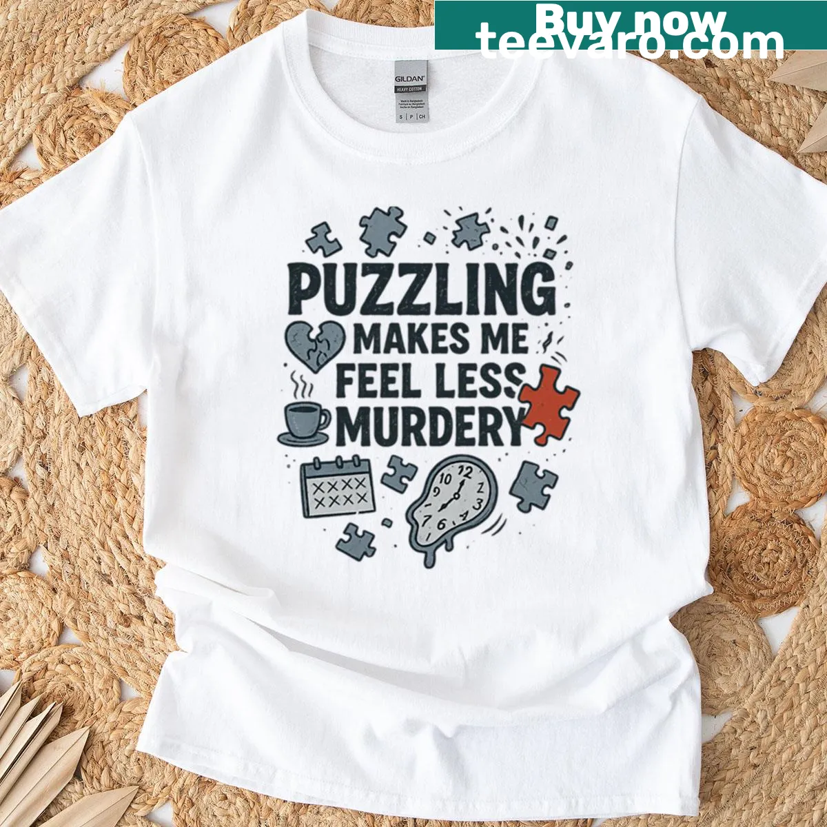Humorous puzzle lover t-shirt with the phrase 'Puzzling Makes Me Feel Less Murdery' — on a men's t-shirt