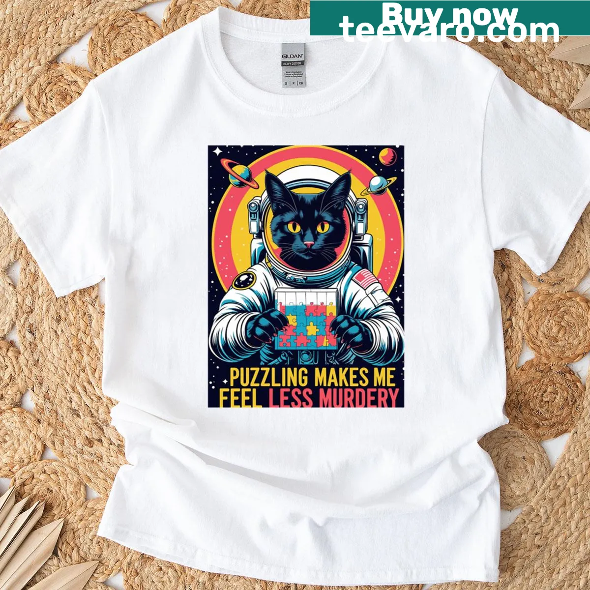 Funny Space Cat Puzzle Lover T-shirt with humorous text — on a men's t-shirt