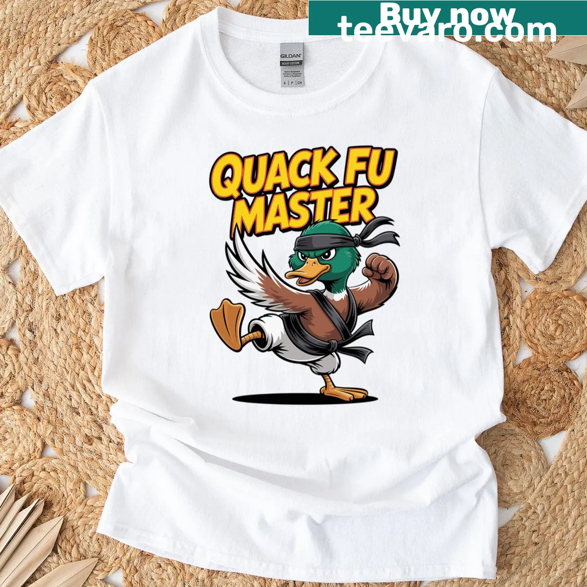 Cartoon duck T-shirt with 'Quack Fu Master' text — on a men's t-shirt