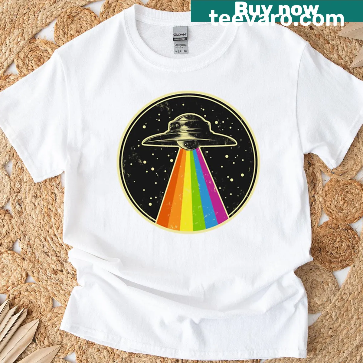Colorful alien abduction T-shirt with rainbow UFO design — on a men's t-shirt