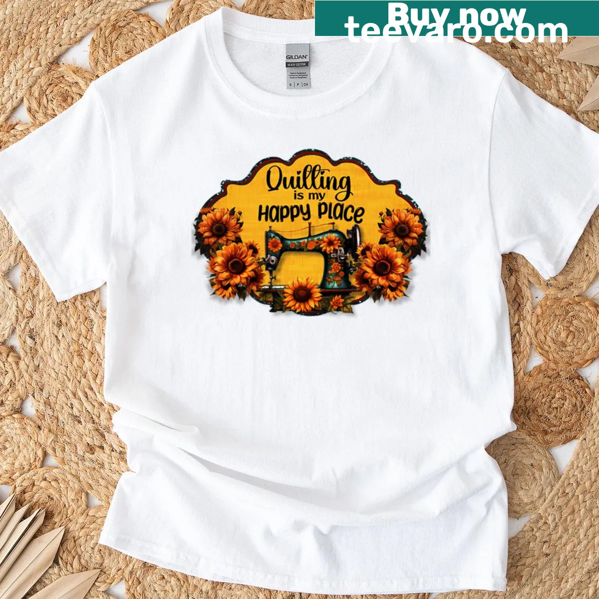Vintage quilting T-shirt with sewing machine and sunflowers — on a men's t-shirt