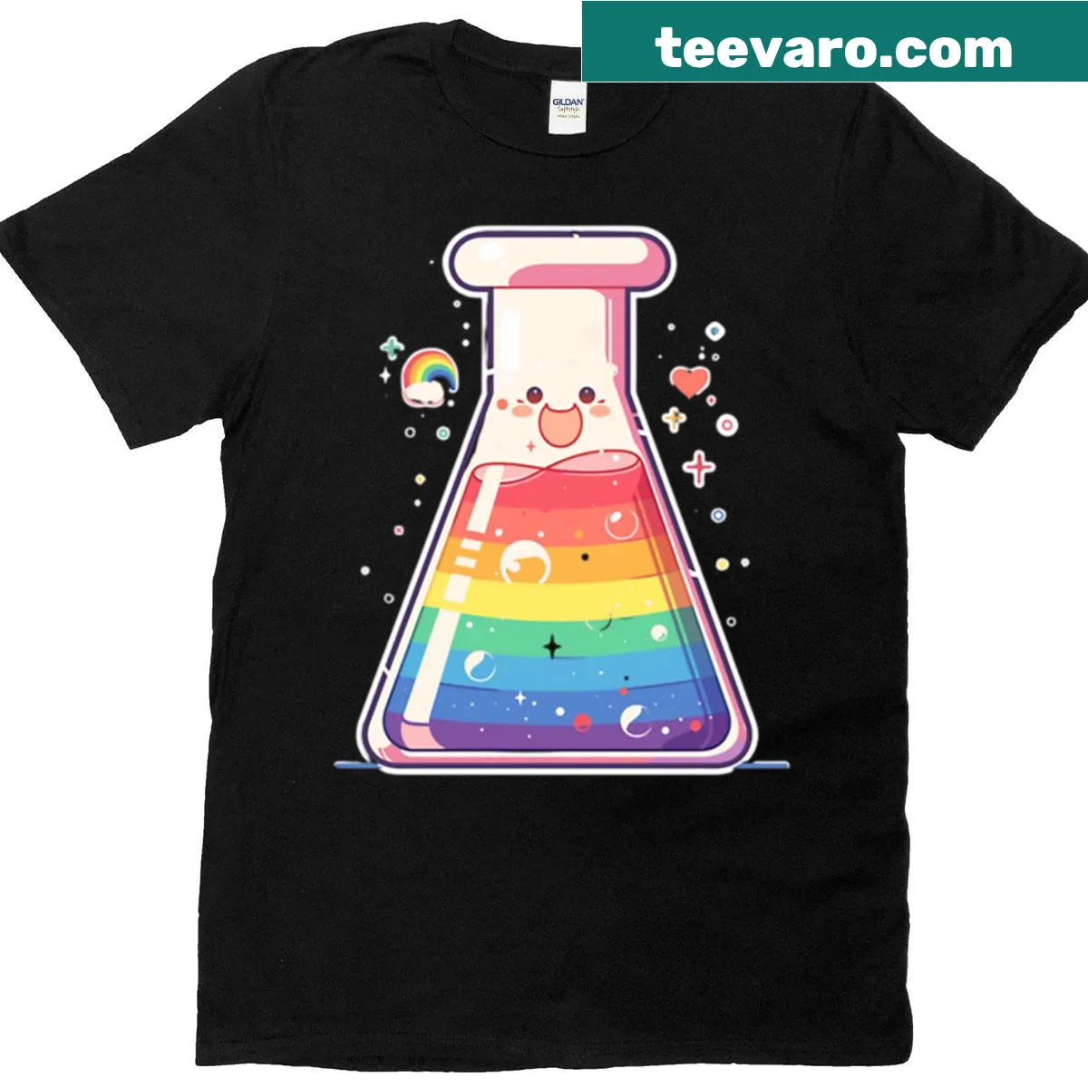 T-shirt featuring a whimsical rainbow beaker design — on a men's t-shirt