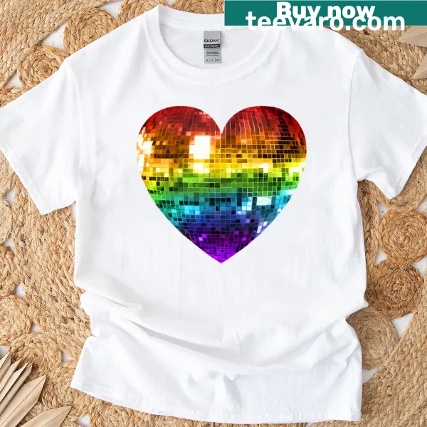 Heart-shaped disco ball T-shirt celebrating dance and music