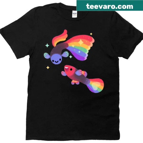 T-shirt featuring a cheerful guppy illustration with a rainbow theme