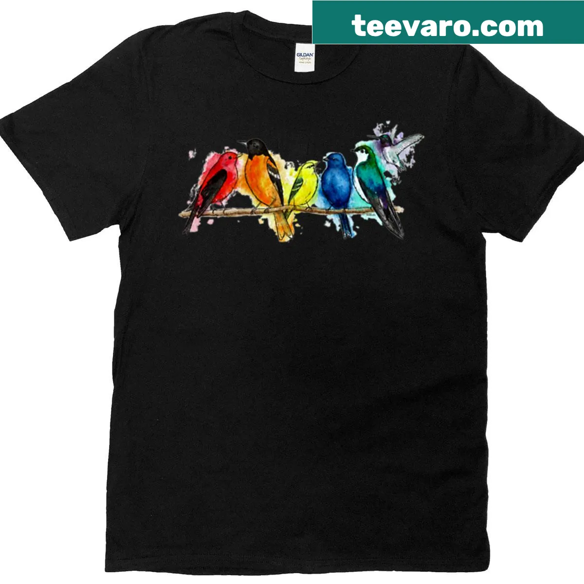 Watercolor birds design representing LGBTQ pride — on a men's t-shirt