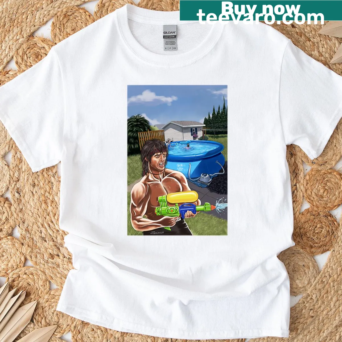 Rambo T-shirt featuring a muscular warrior silhouette in combat gear — on a men's t-shirt