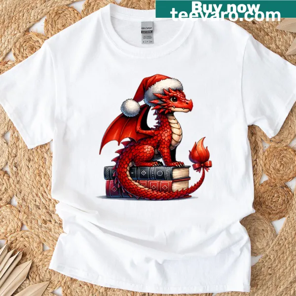 Oversized T-shirt with a whimsical red dragon amidst holiday-themed decorations
