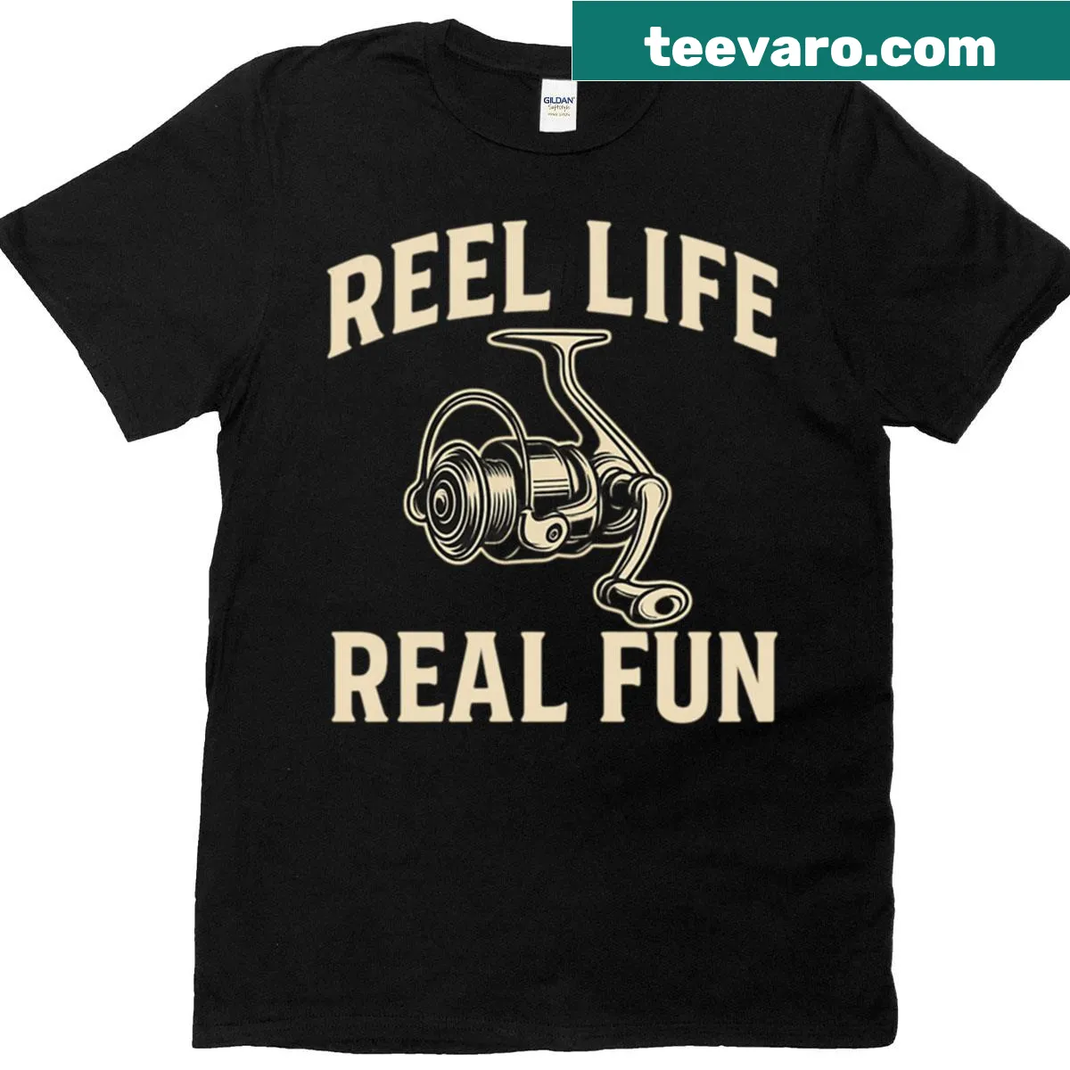 T-shirt with retro fishing design saying 'Reel Life Real Fun' — on a men's t-shirt