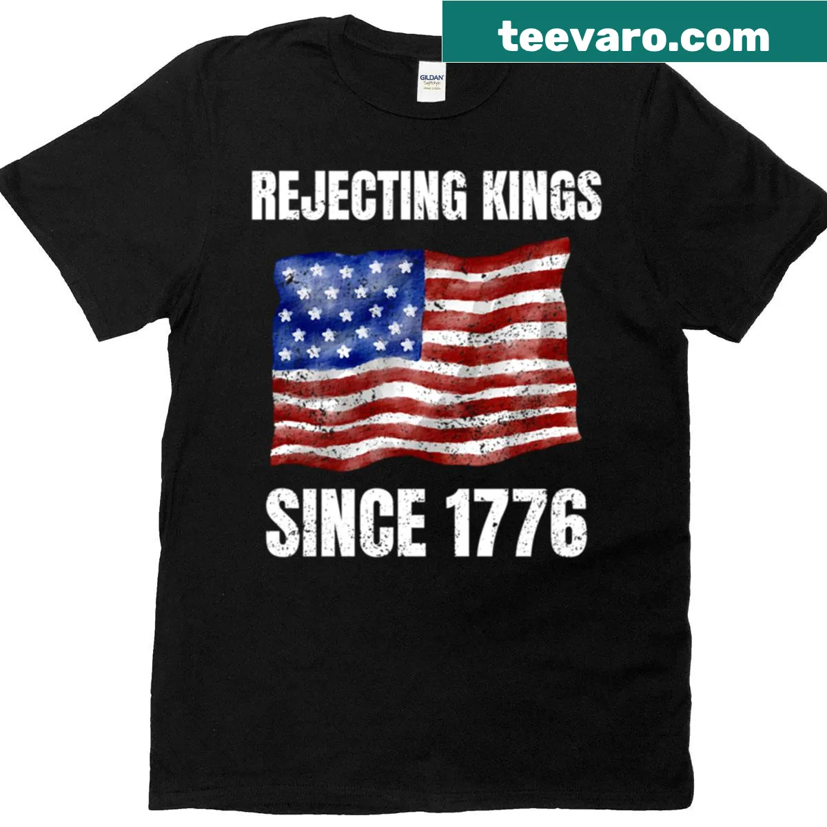 Patriotic T-shirt with 'Rejecting Kings Since 1776' text — on a men's t-shirt