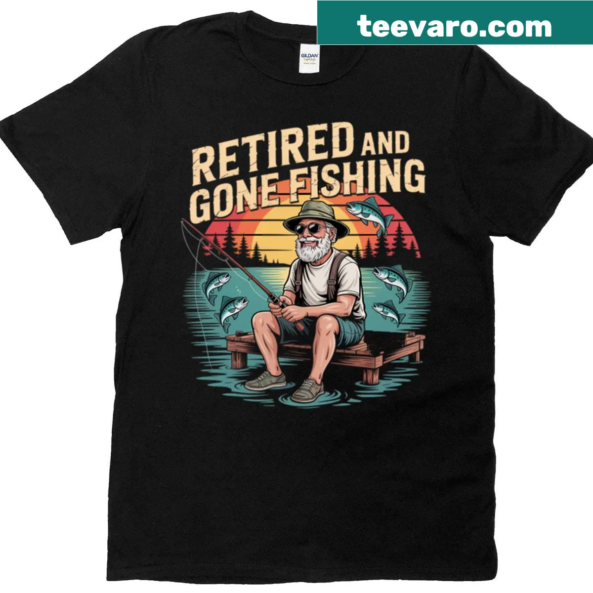 Oversized T-shirt with funny text 'Retired And Gone Fishing' — on a men's t-shirt