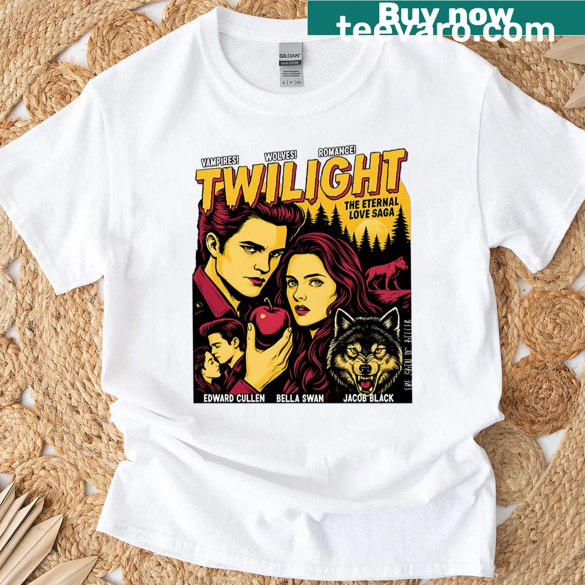 Vintage-inspired T-shirt with vampires and wolves in a romantic design — on a men's t-shirt