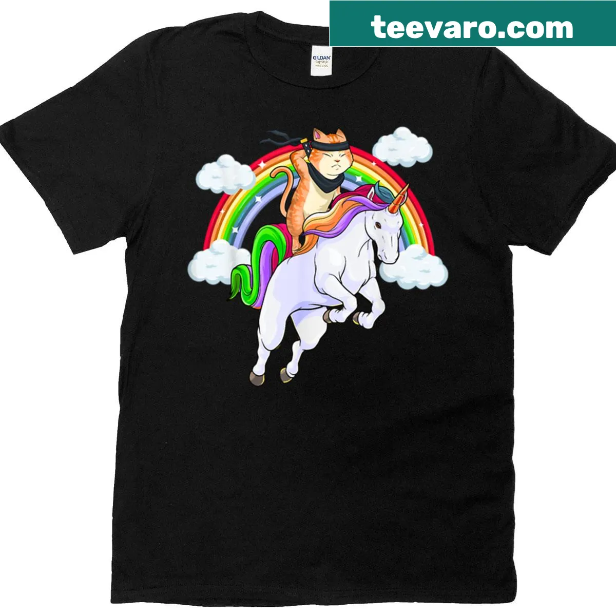 Whimsical T-shirt with a samurai cat riding a unicorn in a fantasy design — on a men's t-shirt