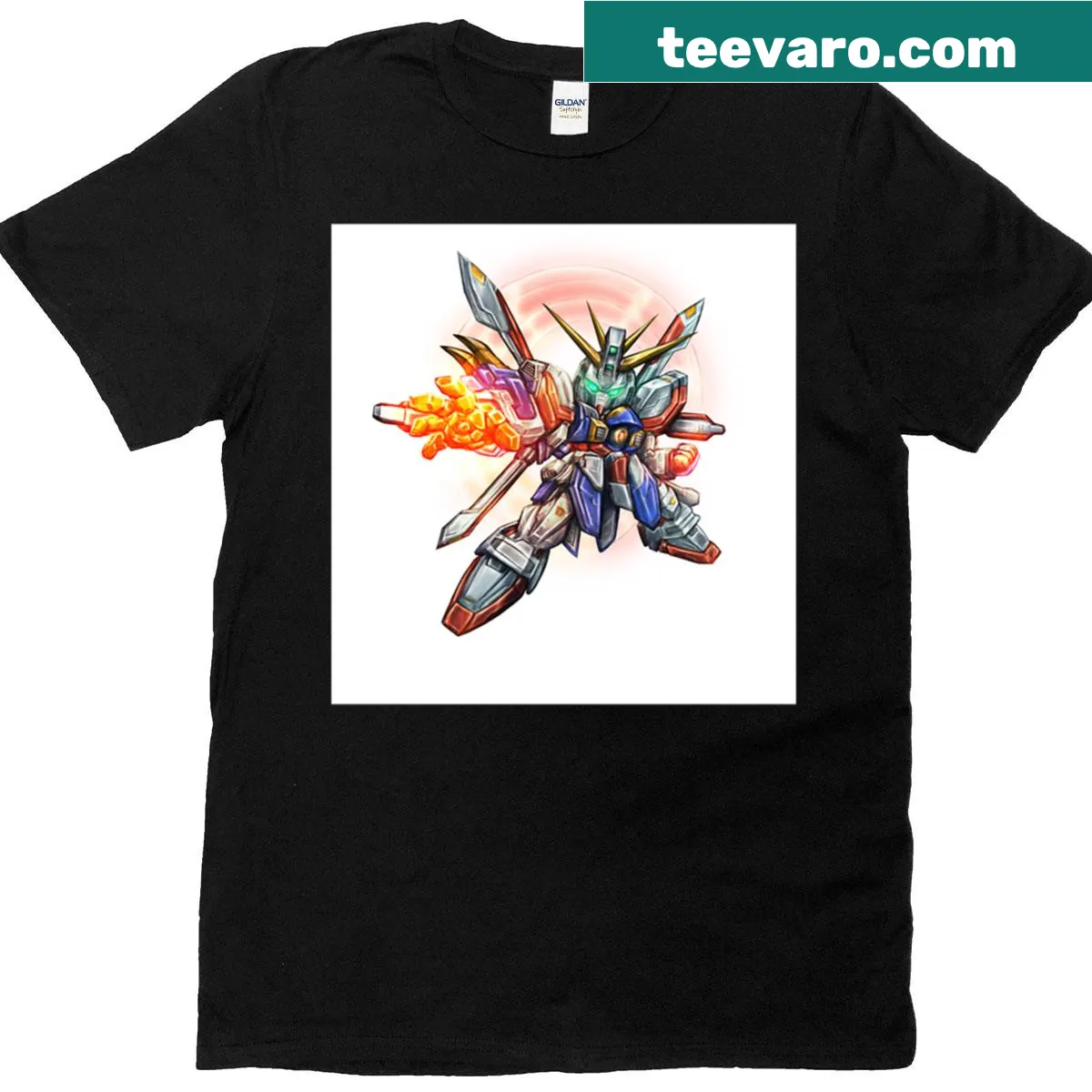 Chibi style SD God Gundam T-shirt with playful cartoon design — on a men's t-shirt