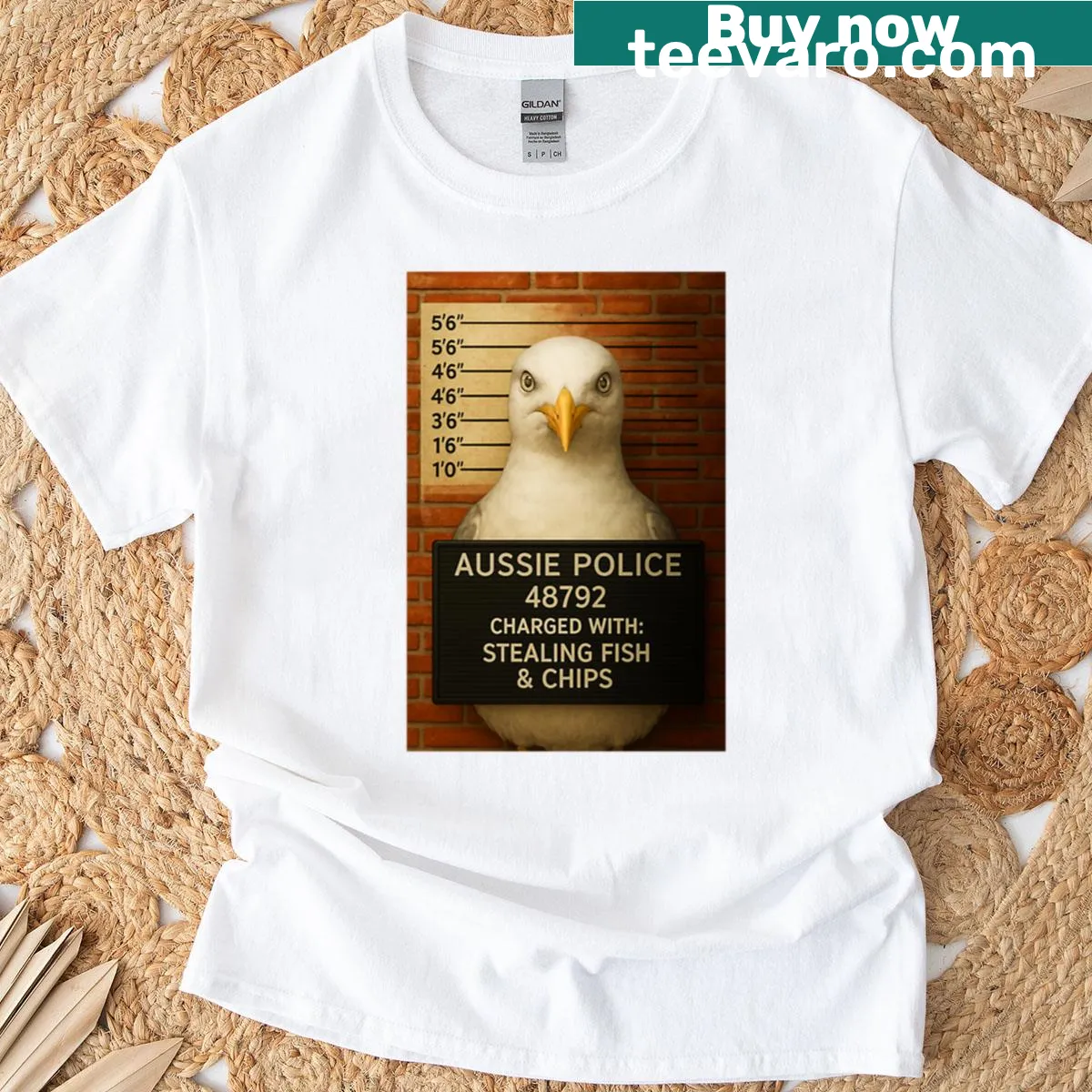 Funny seagull mugshot t-shirt with cartoon art — on a men's t-shirt