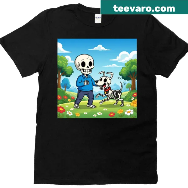 Illustration of a skeleton playing with a dog on a t-shirt