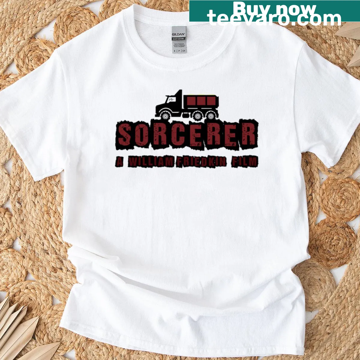 Retro-style T-shirt featuring a 1977 sorcerer movie poster — on a men's t-shirt