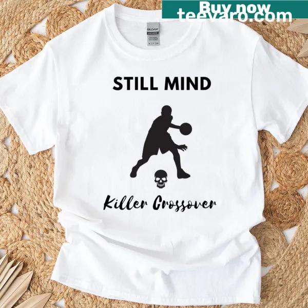 Illustration of a basketball crossover move on a t-shirt.