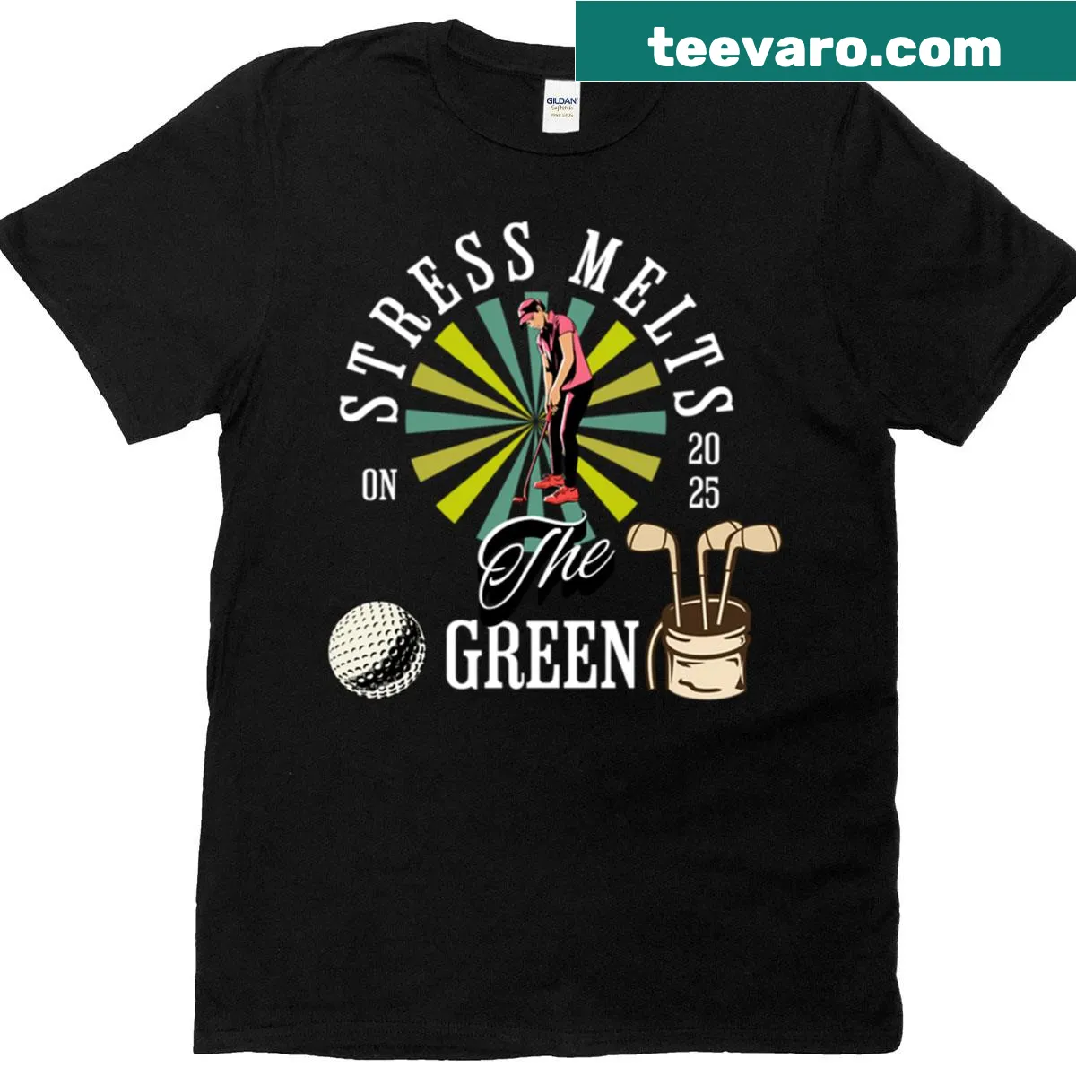 T-shirt with the phrase 'Stress Melts On The Green' — on a men's t-shirt