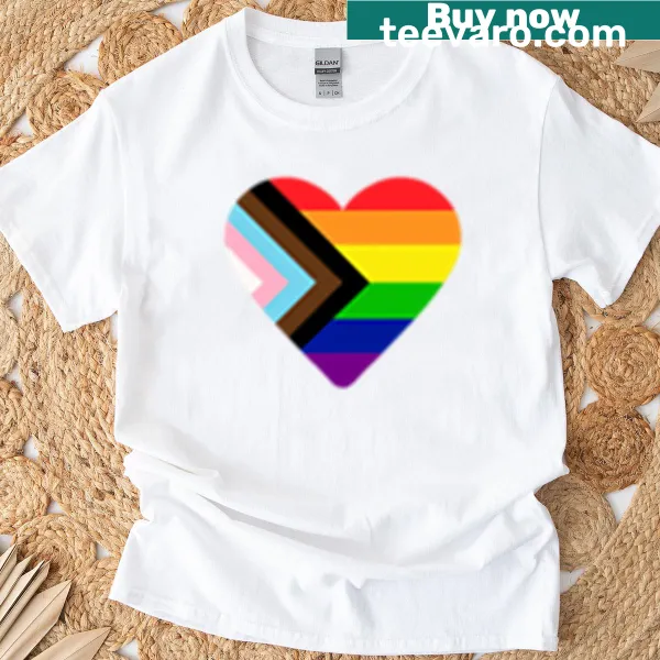 Heart graphic featuring the progress pride flag on a t-shirt.