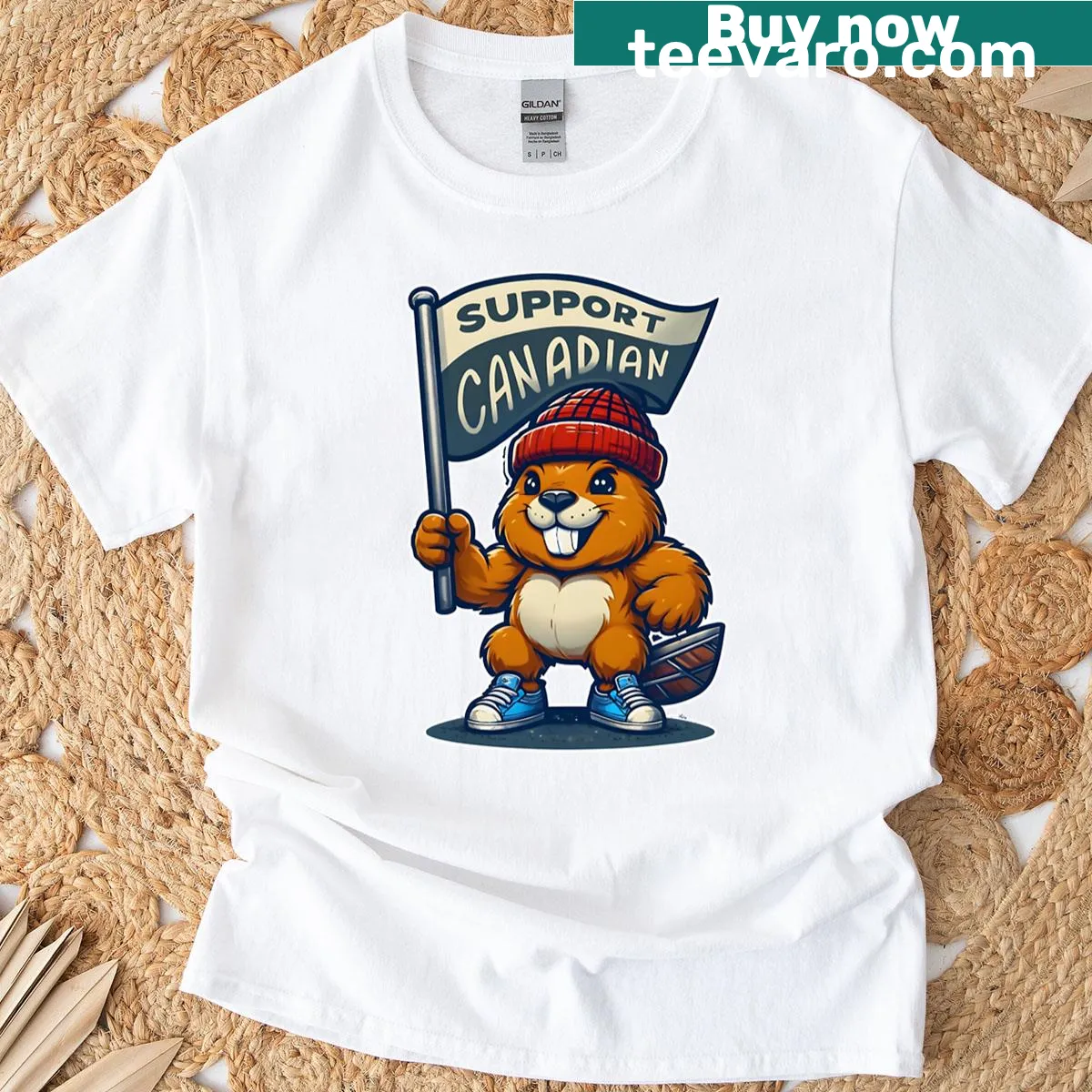Cartoon beaver design t-shirt celebrating Canadian wildlife — on a men's t-shirt