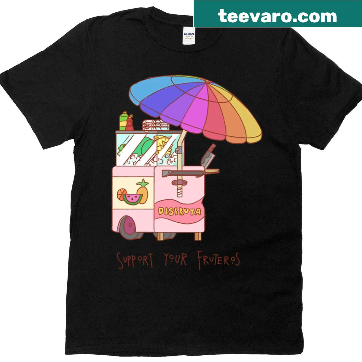 Graphic T-shirt featuring the phrase 'Support Your Fruteros' in simple typography — on a men's t-shirt