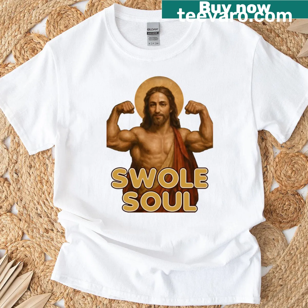 Cartoon of buff Jesus in a humorous fitness design — on a men's t-shirt