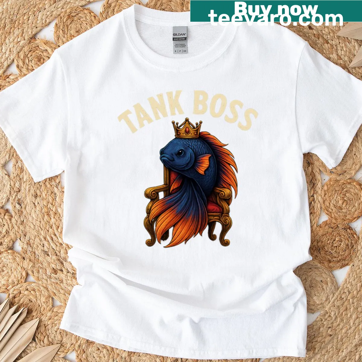 Illustration of fish and plants with 'Tank Boss' text for aquarium lovers — on a men's t-shirt