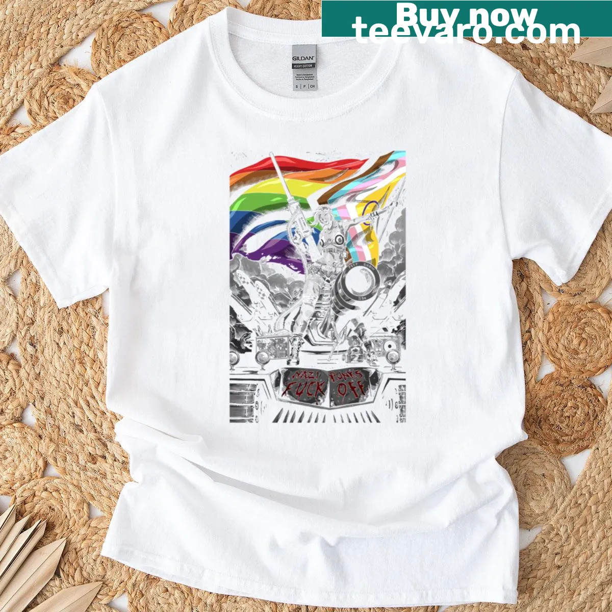 Tank Girl Pride Flag T-shirt showcasing pride colors and bold typography. — on a men's t-shirt