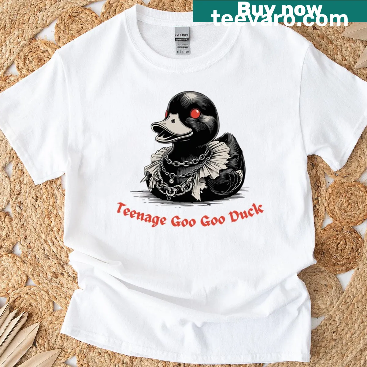 Whimsical graphic of Goo Goo Duck on an Enby T-shirt for teens. — on a men's t-shirt