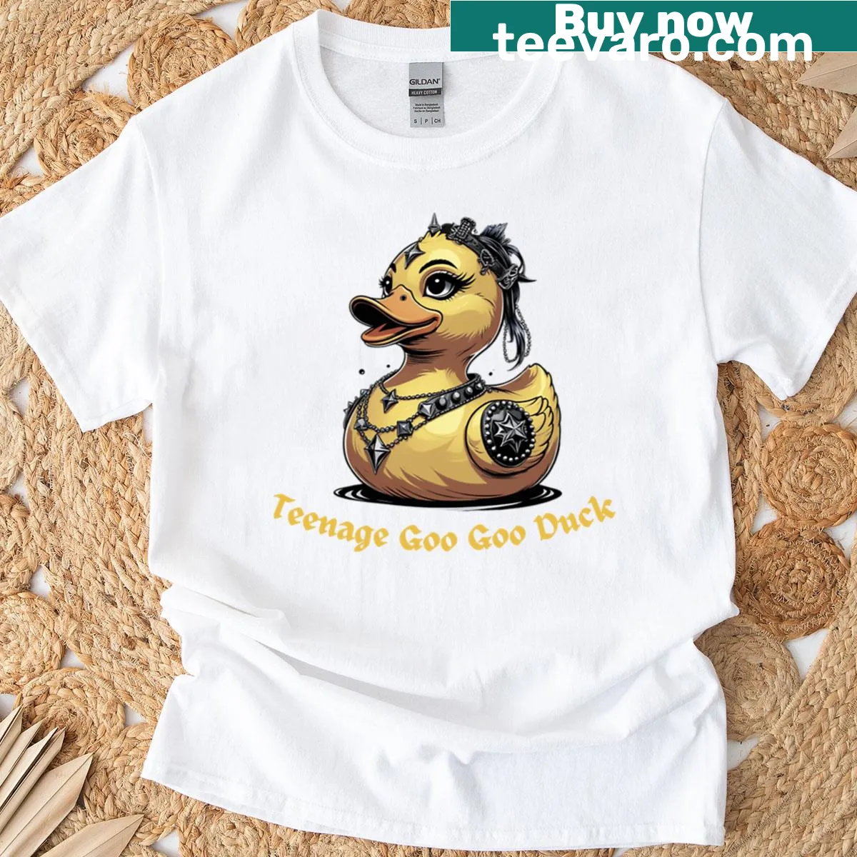 Oversized Femme T-shirt with a playful Goo Goo Duck graphic. — on a men's t-shirt