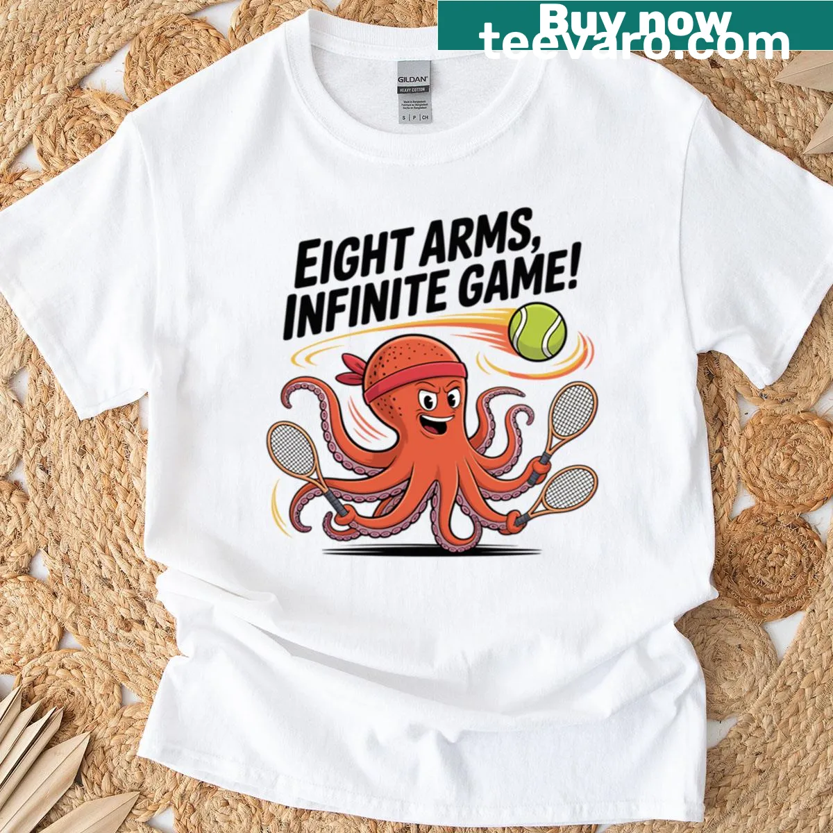 Cartoon octopus playing tennis on a whimsical T-shirt design. — on a men's t-shirt
