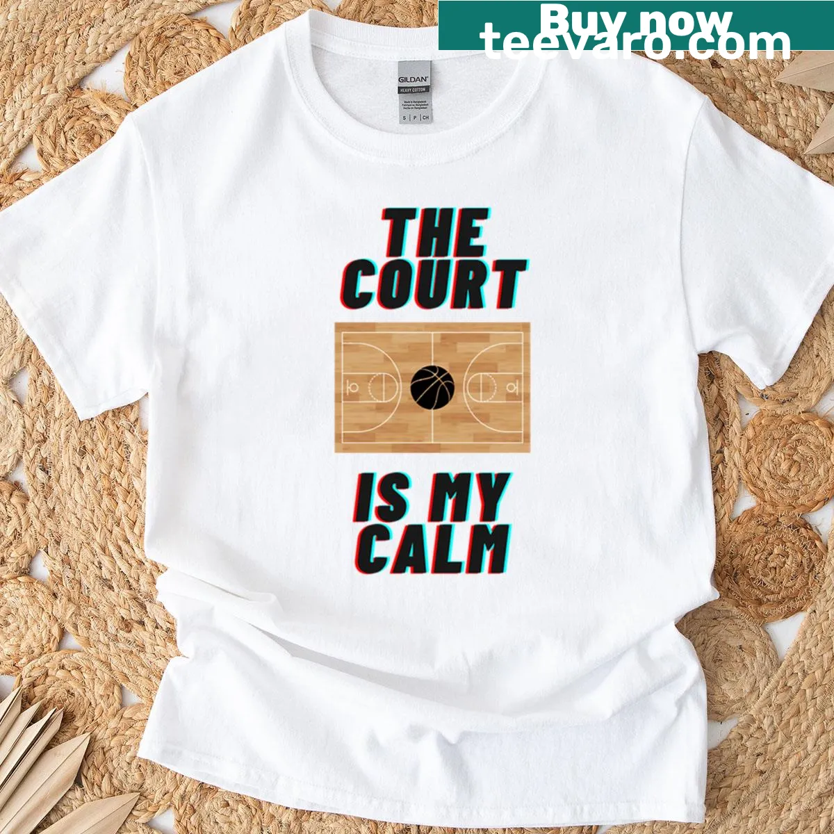 Illustrated shirt with a basketball and the phrase 'The Court Is My Calm' — on a men's t-shirt