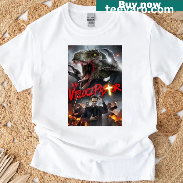 Humorous graphic featuring a dinosaur as a pastor on a T-shirt.