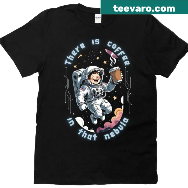 Whimsical nebula design filled with coffee imagery on a t-shirt